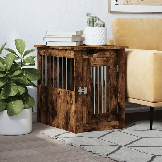 Meuble cage chien bois et acier table d'appoint chêne fumé 59cm