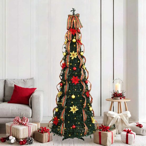 Sapin de noël artificiel pliable pvc avec 200 led pour fêtes intérieur vert 210 cm