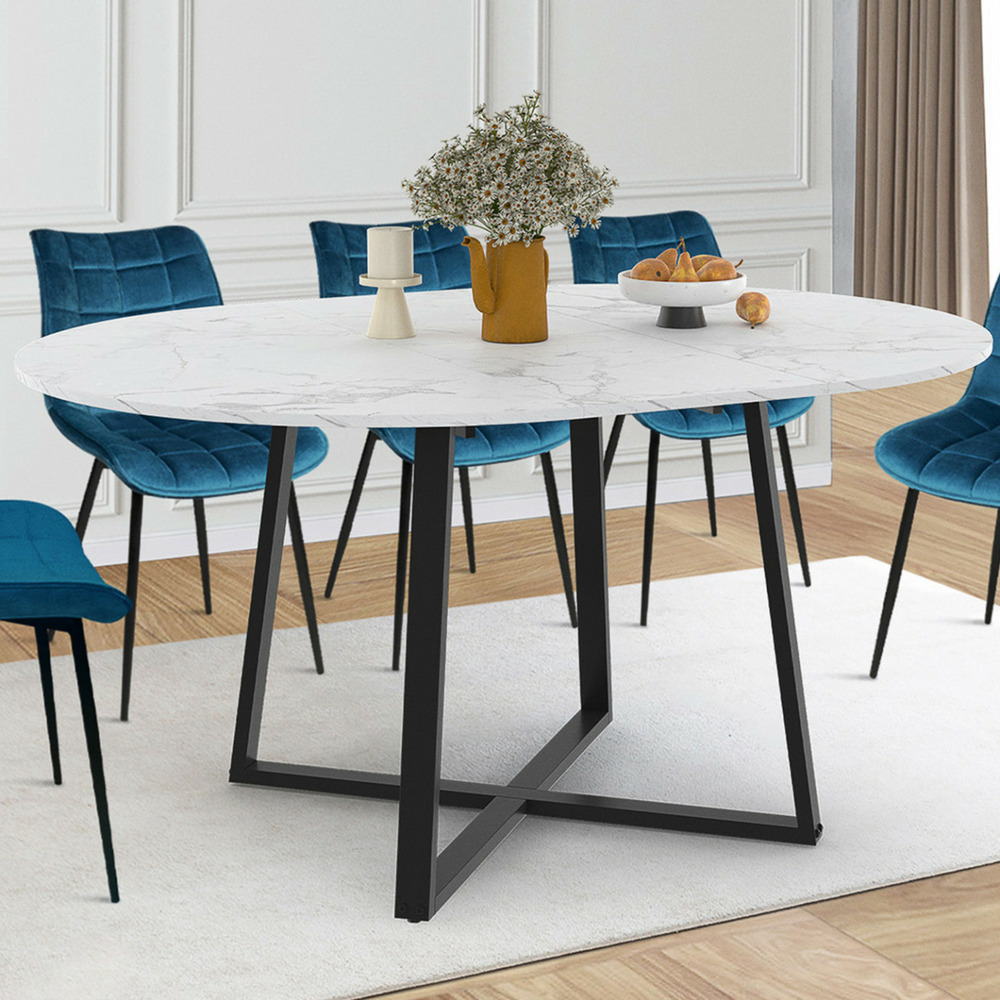 Table à manger extensible ronde selma 4-8 personnes noir et plateau marbre blanc alaska 110-150 cm