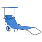Chaise longue pliable avec auvent et roues acier bleu