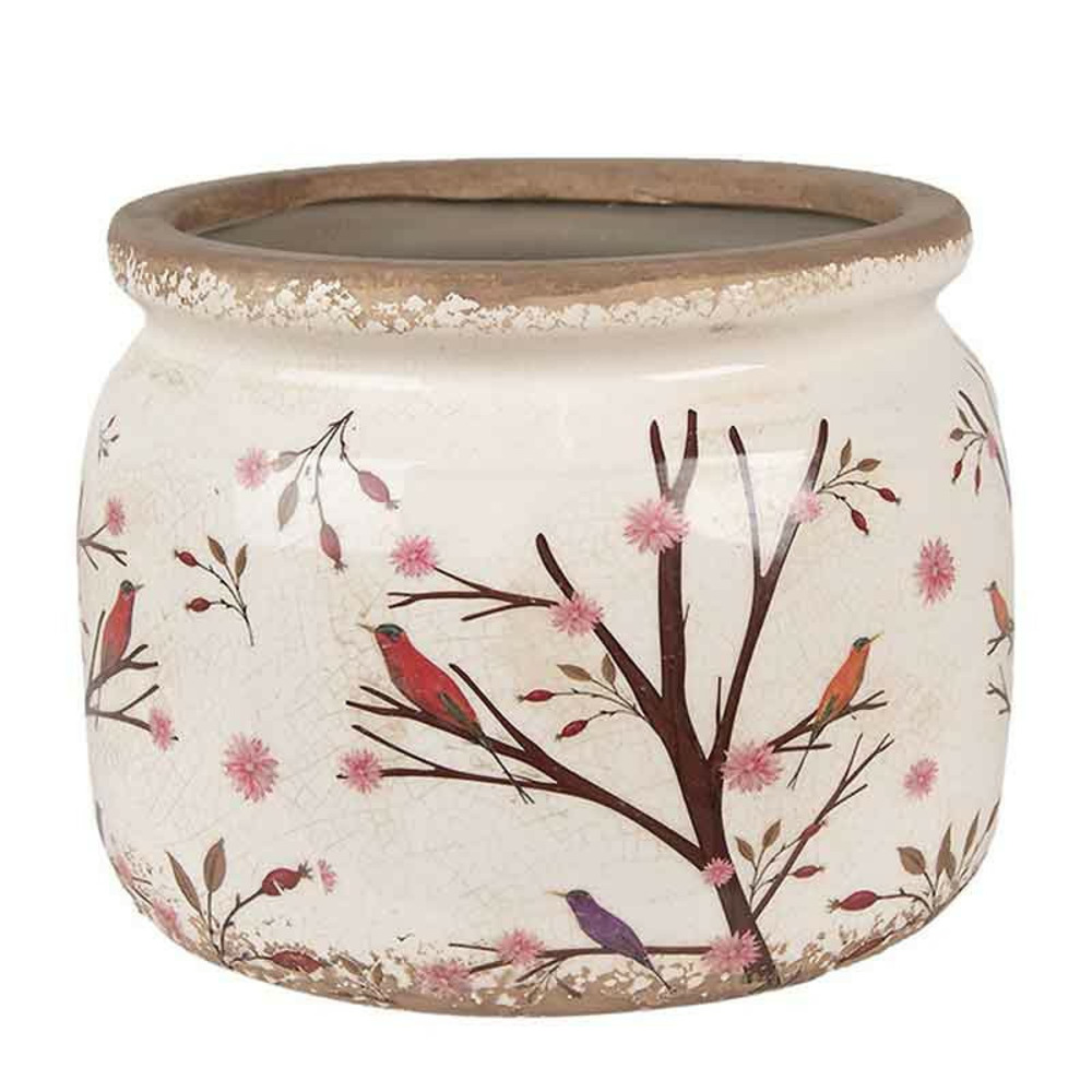Pot de fleurs rond branche et oiseaux 20x15cm