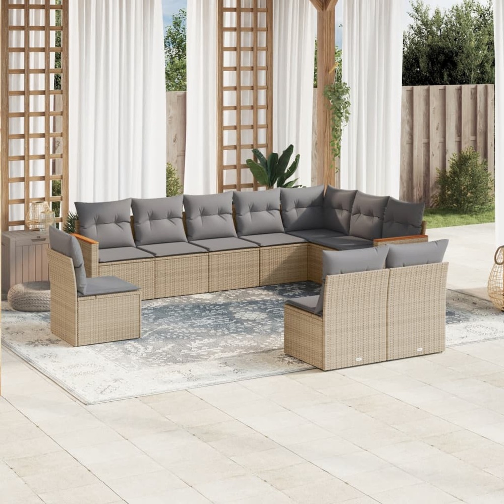 Salon de jardin avec coussins 10 pcs beige résine tressée