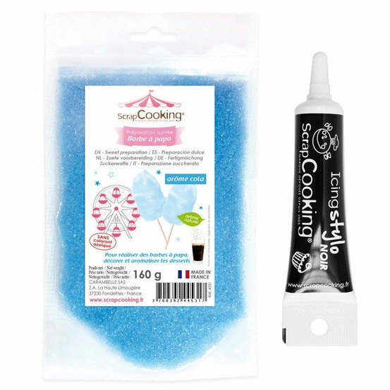 Préparation barbe à papa bleue + stylo glaçage noir