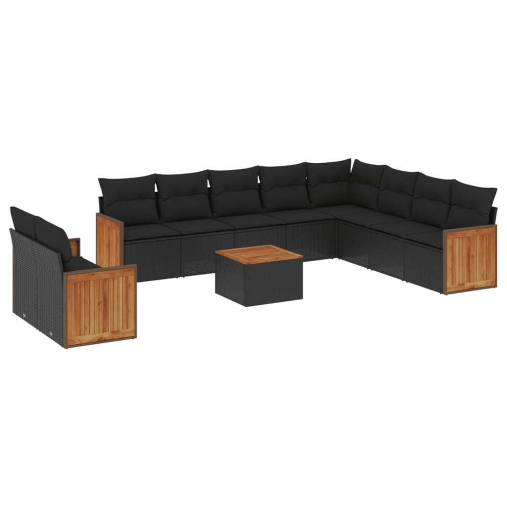 Salon de jardin 11 pcs avec coussins noir résine tressée