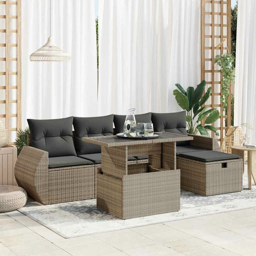Salon de jardin 6 pcs avec coussins gris résine tressée