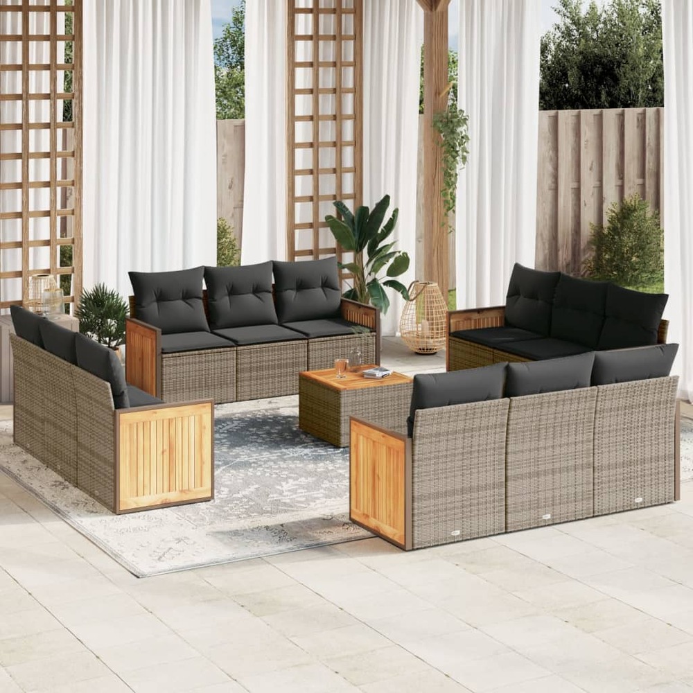 Salon de jardin avec coussins 13 pcs gris résine tressée
