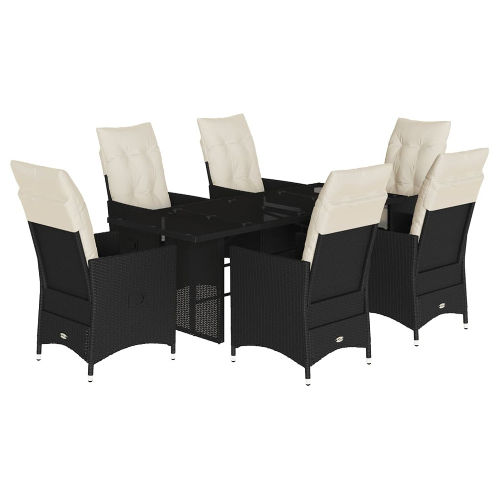 Ensemble à manger de jardin coussins 7 pcs noir résine tressée