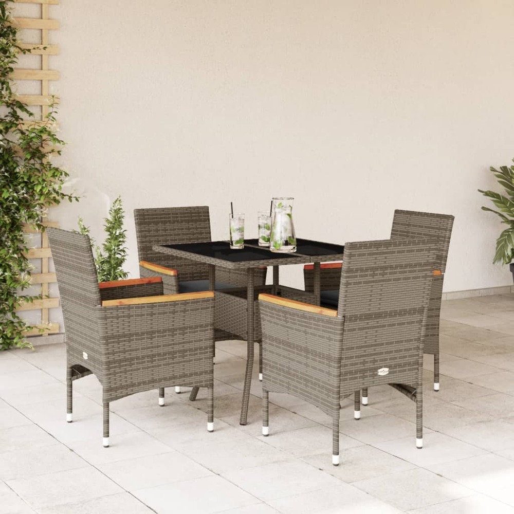 Ensemble à manger de jardin et coussins 5 pcs gris rotin verre