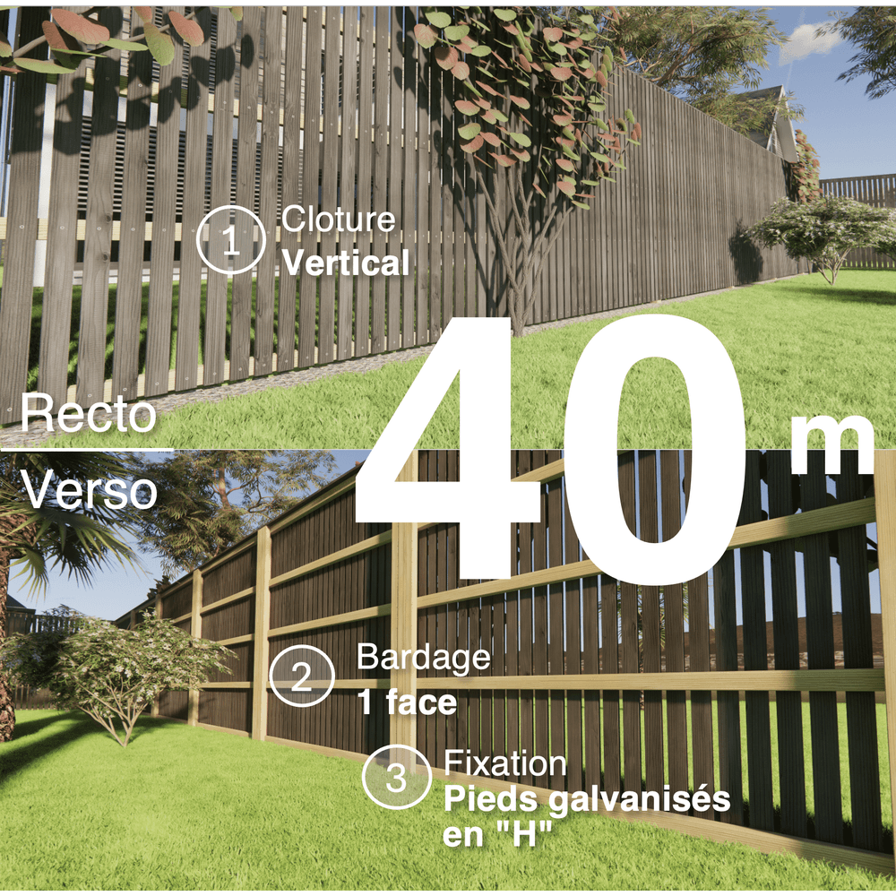 Kit clôture bois moderne 40m – h 2,3m – 20 x 70 mm noir par trempage – pose vertical – simple face – support galva