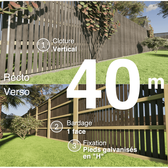 Kit clôture bois moderne 40m – h 2,3m – 20 x 70 mm noir par trempage – pose vertical – simple face – support galva