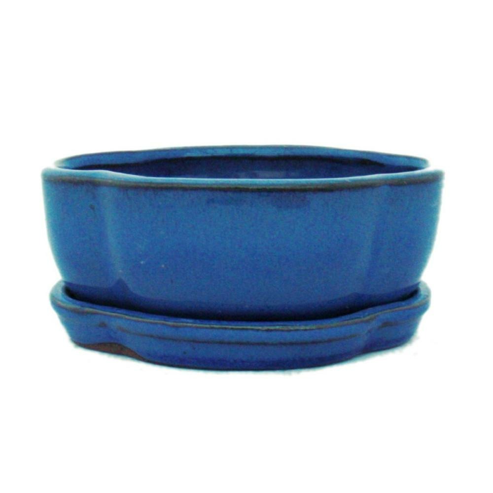 Bol bonsaï avec soucoupe taille 1 - bleu - haitang/ovale - modèle i5 - l 12cm - b 9,5cm - h 4,5 cm