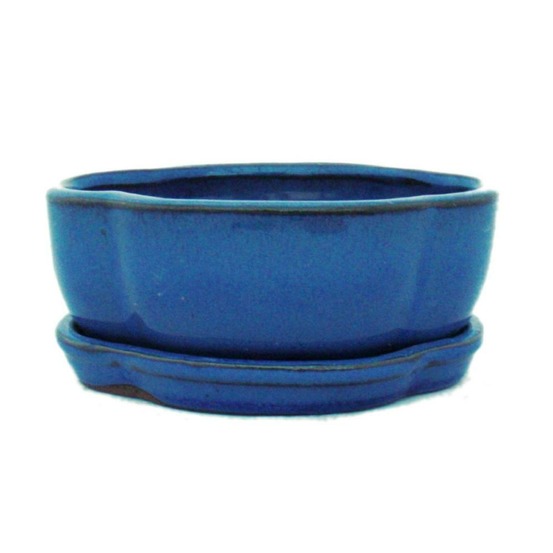 Bol bonsaï avec soucoupe taille 1 - bleu - haitang/ovale - modèle i5 - l 12cm - b 9,5cm - h 4,5 cm