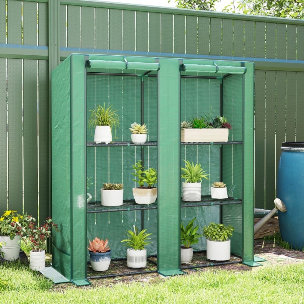 Mini serre de jardin adossée acier polyéthylène 144 x 48 x 152 cm verte 3 niveaux - comfortxl outdoor living