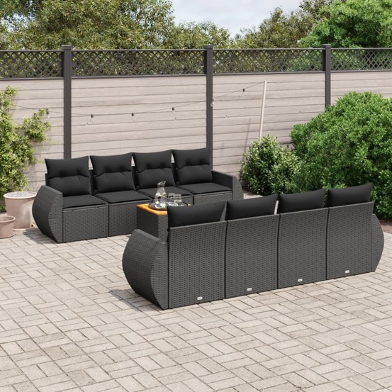 Salon de jardin 9 pcs avec coussins noir résine tressée