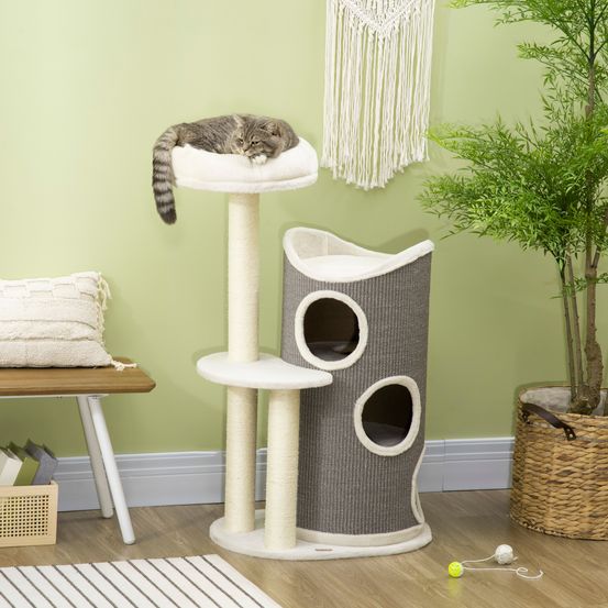 Arbre à chat tour griffoir sisal bois design moderne 109cm gris blanc - comfortxl pet living