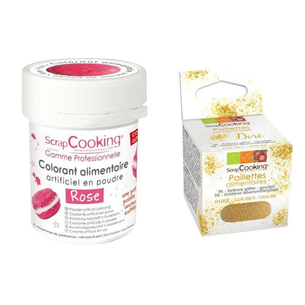 Colorant alimentaire rose + paillettes dorées