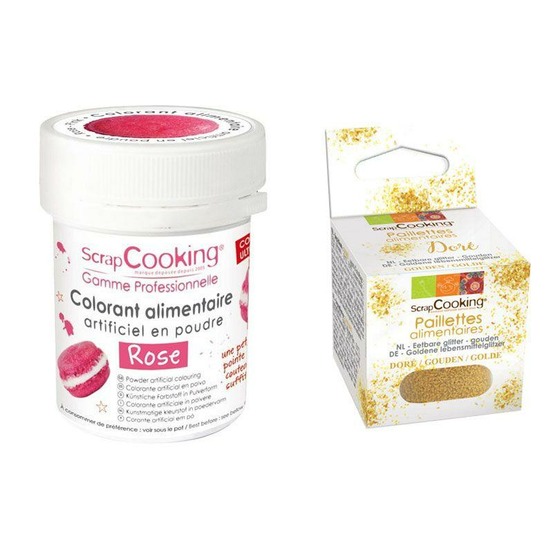 Colorant alimentaire rose + paillettes dorées