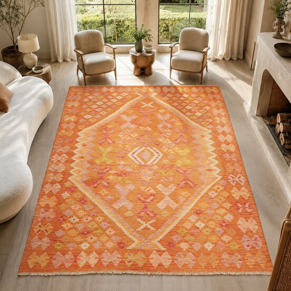 Tapis kilim 134 x 181 cm, orange, jaune et rose, en laine, kilim 57