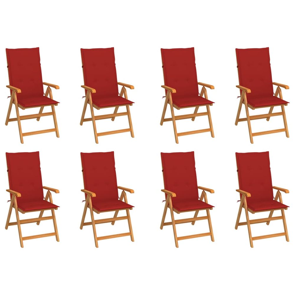 Fauteuils pliants inclinables avec coussins, 8 pièces, en teck massif