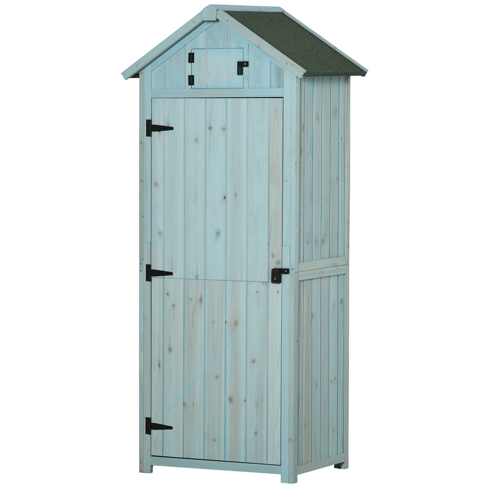 Armoire abri de jardin remise pour outils 3 étagères 2 portes loquets toit pente bitumé 77l x 54l x 179h cm sapin traité bleu