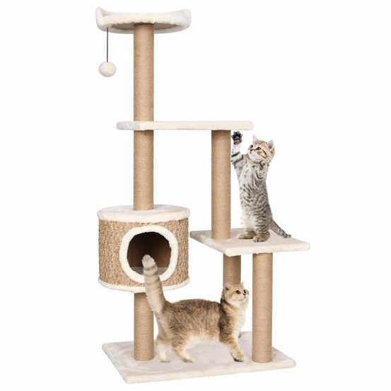 Arbre à chat multi-niveaux 123 cm poteaux en herbe marine et niche beige