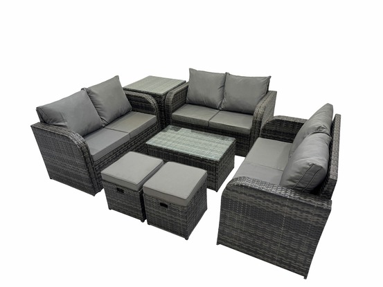 Ensemble de meubles de jardin en polyrotin 8 places avec table basse rectangulaire canapé d'amour table d'appoint 2 petits tabourets