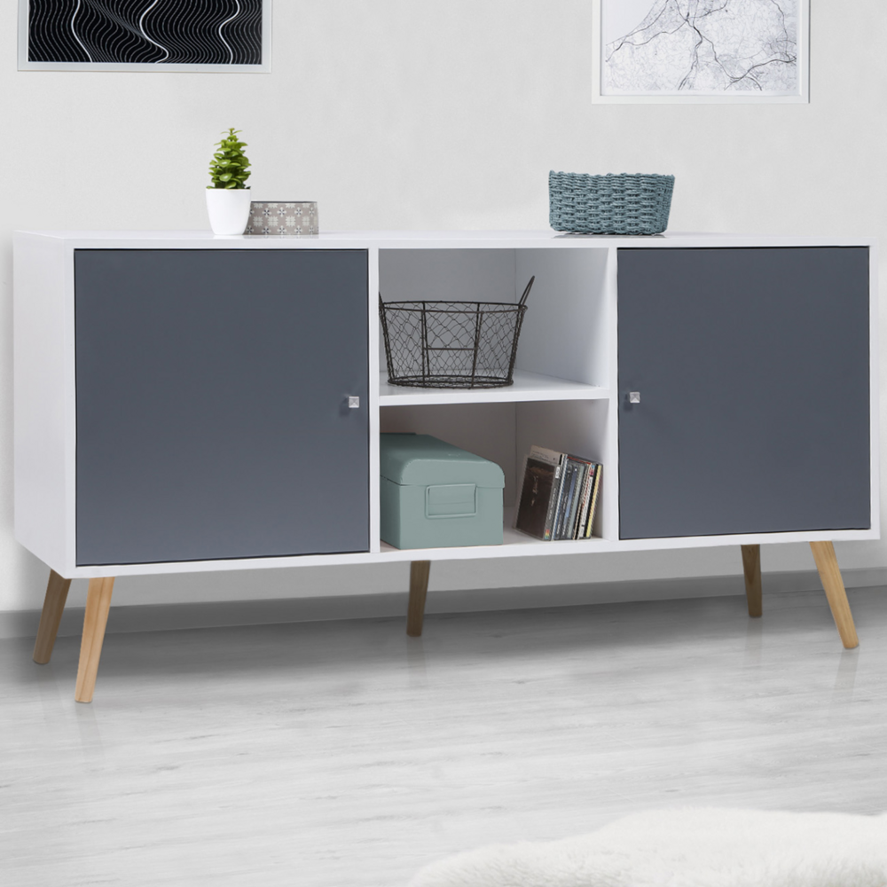 Buffet bas scandinave 140 cm effie 2 portes bois blanc et gris