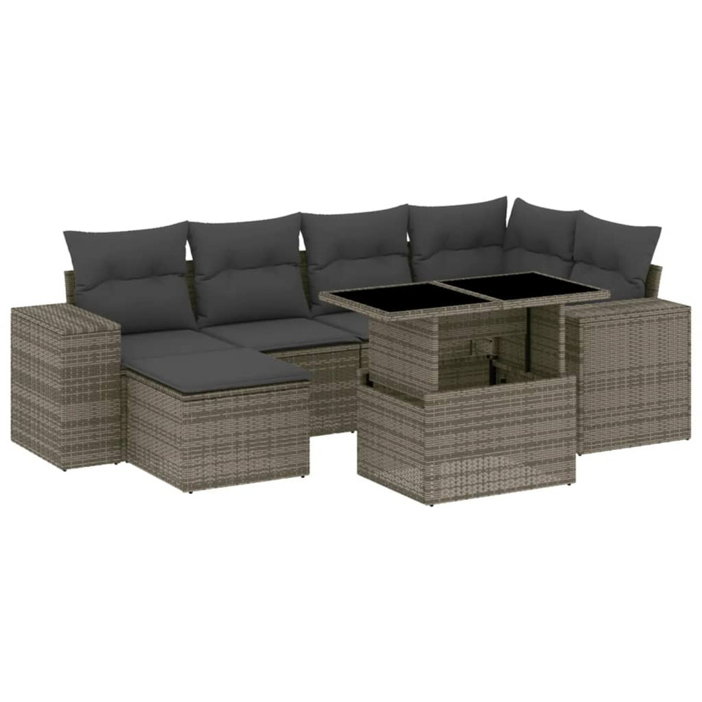 Salon de jardin avec coussins 7 pcs gris résine tressée