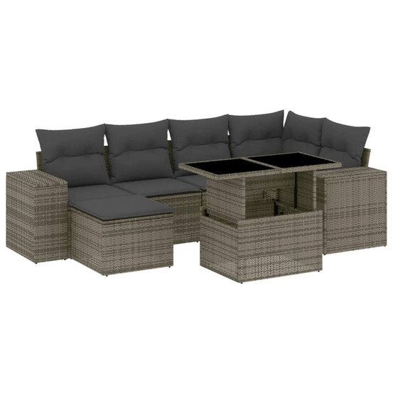 Salon de jardin avec coussins 7 pcs gris résine tressée