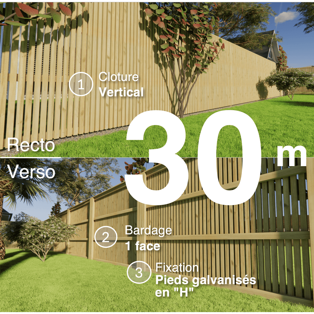 Kit clôture bois moderne 30m – h 1,9m – 45 x 45 mm autoclave – pose vertical – simple face – support galva
