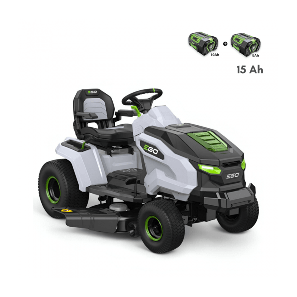 Tondeuse électrique autoportée avec pack batteries 15 ah et chargeur mural, coupe mulching 107 cm - ego tr4201e