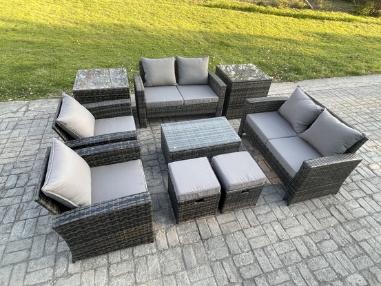 Mobilier de jardin extérieur 9 pièces ensemble de canapé en rotin ave table basse gris foncé
