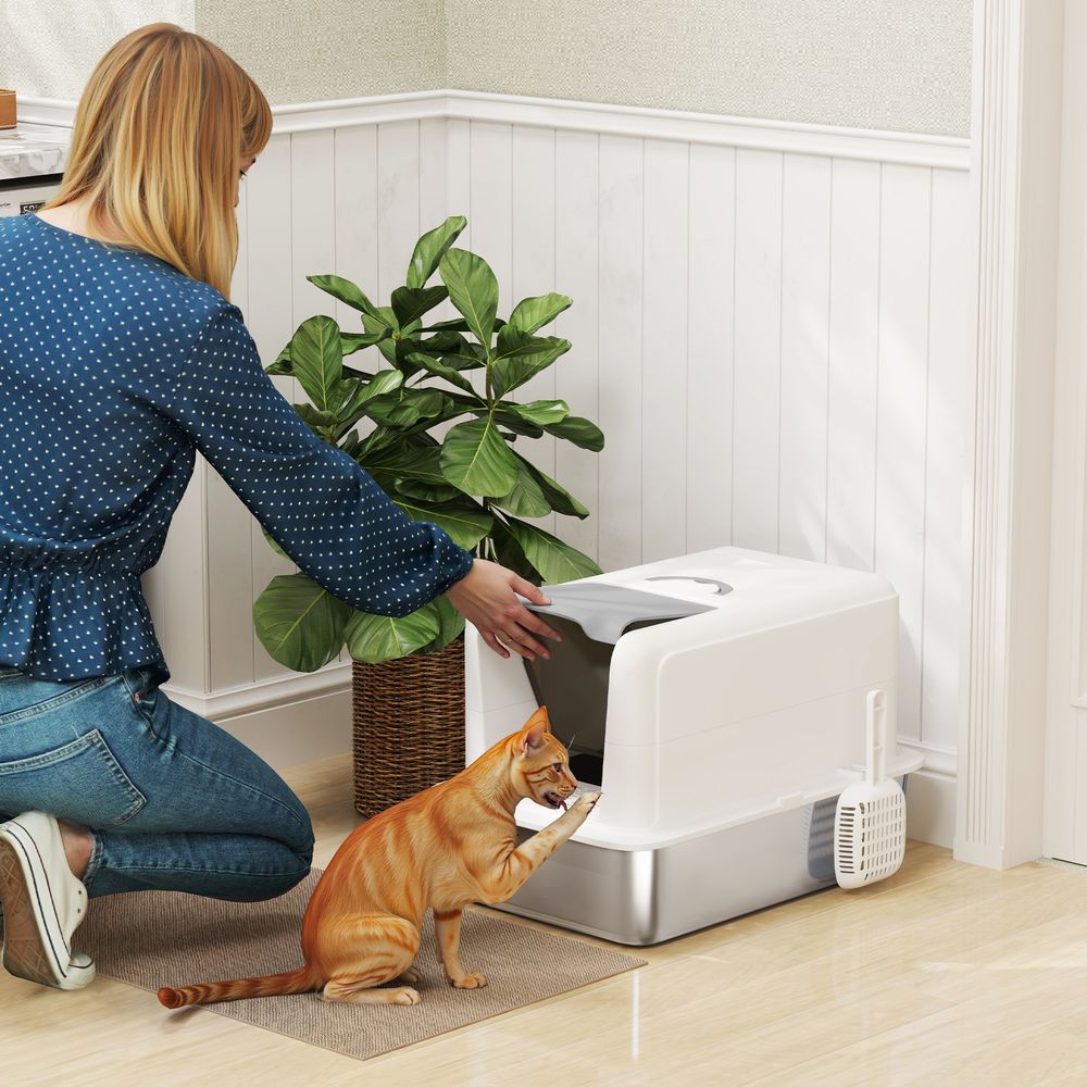 Maison de toilette chat inox couvercle anti-odeurs pelle incluse blanc 60cm