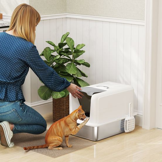 Maison de toilette chat inox couvercle anti-odeurs pelle incluse blanc 60cm