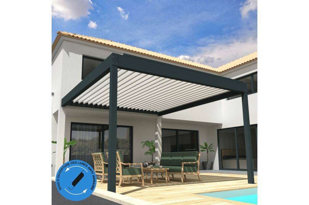 Pergola bioclimatique cocoon xl perpendiculaire antihoraire mixte gris anthracite / blanc 4,965x3,50m verin + led