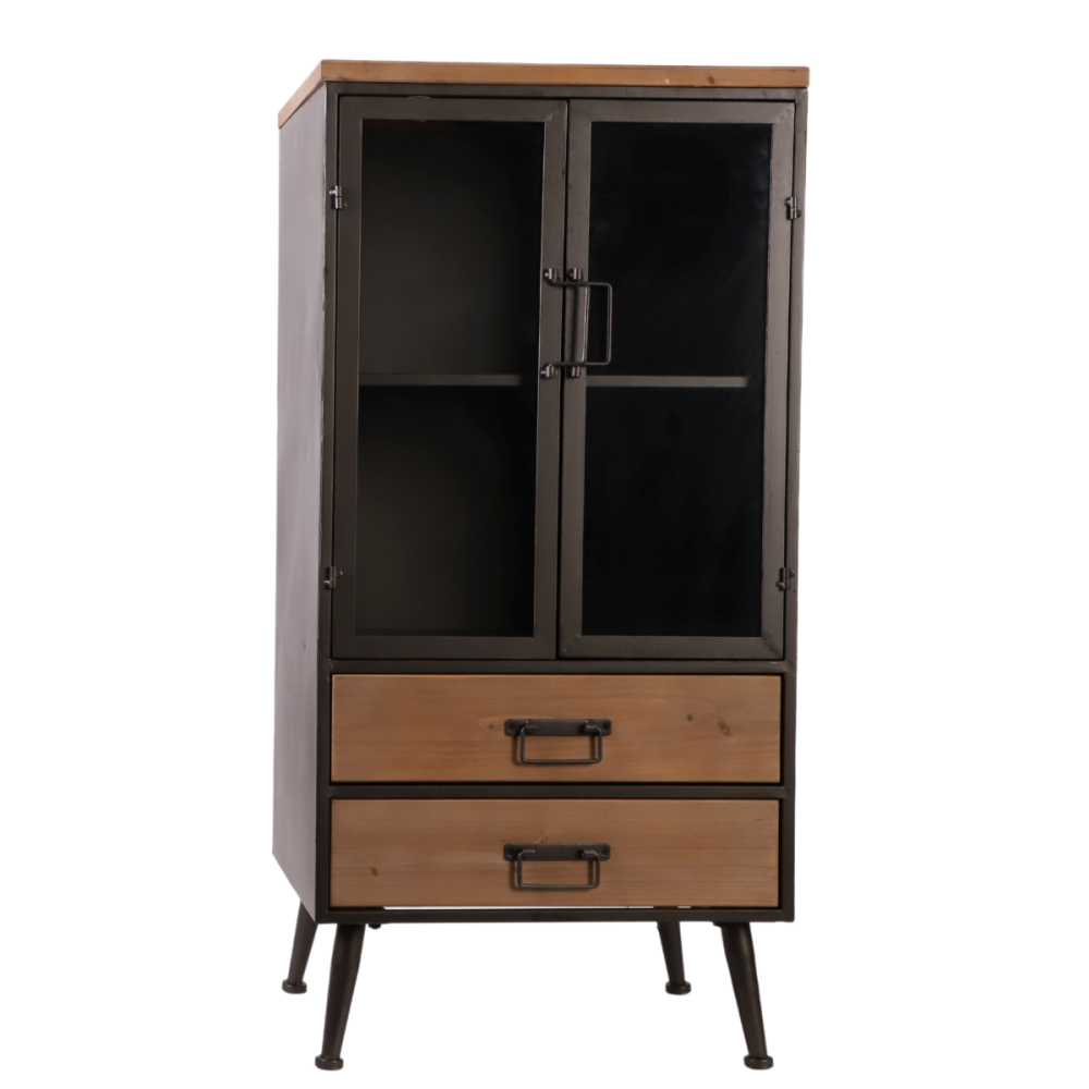 Meuble industriel armoire en bois, métal et vitre marron 52 x 40 x 109 cm