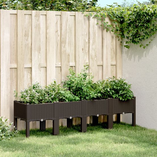 Grand bac à fleurs sur pieds pp aspect rotin pour jardin 160x40x42 cm marron