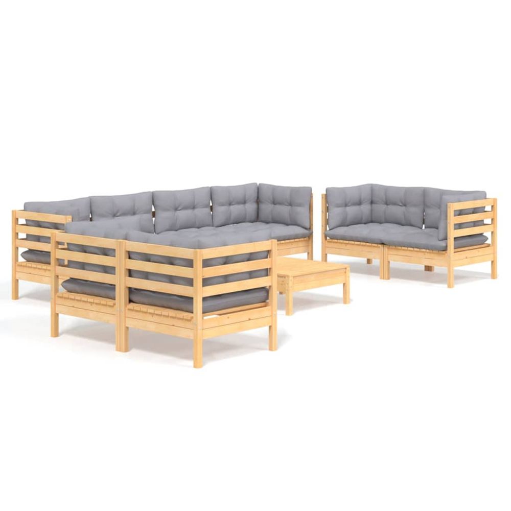 Salon de jardin 9 pcs avec coussins gris bois de pin massif