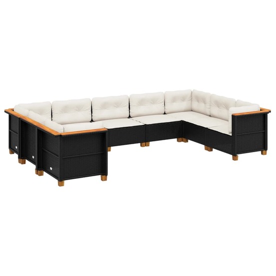 Salon de jardin 9 pcs avec coussins noir résine tressée