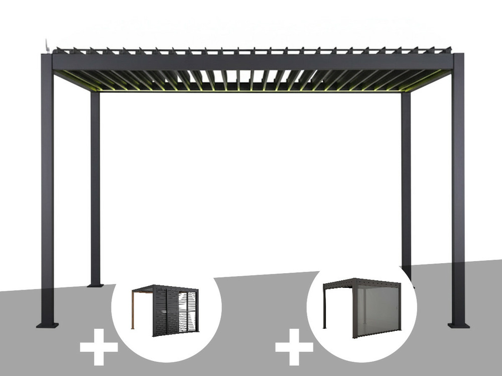 Pergola bioclimatique électrique evora graphite - 4 x 3 m + persiennes coulissan