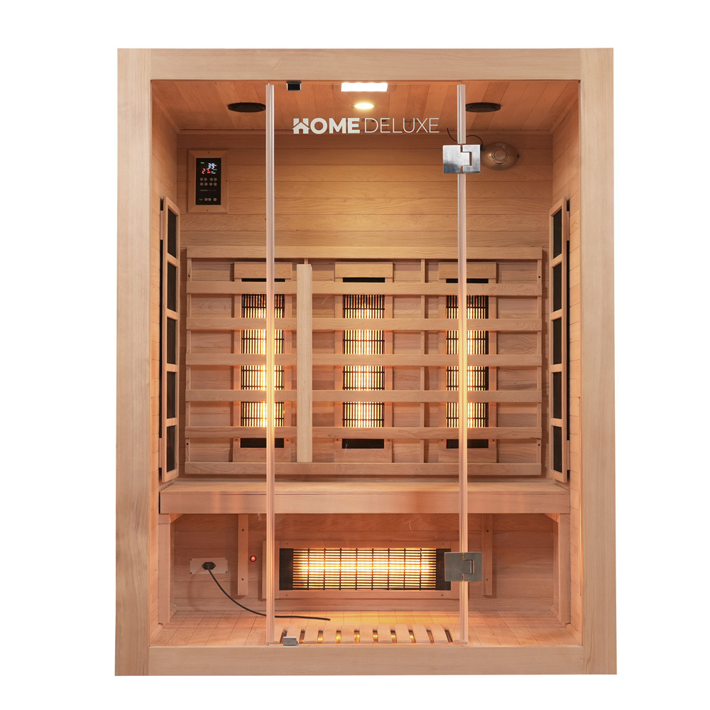 Home deluxe – cabine infrarouge sahara l – 150 x 120 x 190 cm - pour 2 à 3 personnes, 6 émetteurs à spectre complet, bois : pruche i