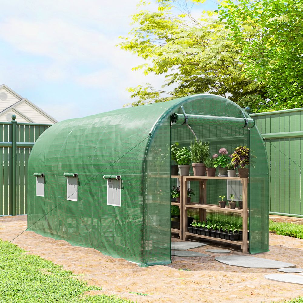 Serre tunnel de jardin pe et acier 395 x 195 x 190 cm verte 6 fenêtres moustiquaires - comfortxl outdoor living