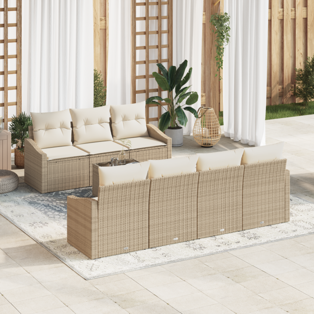 Ensemble de salle à manger de jardin 8 pièces avec coussins en rattan poly beige