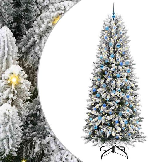 Sapin de noël géant floqué 240 cm, kit prêt à l'emploi avec led blanc chaud et décorations
