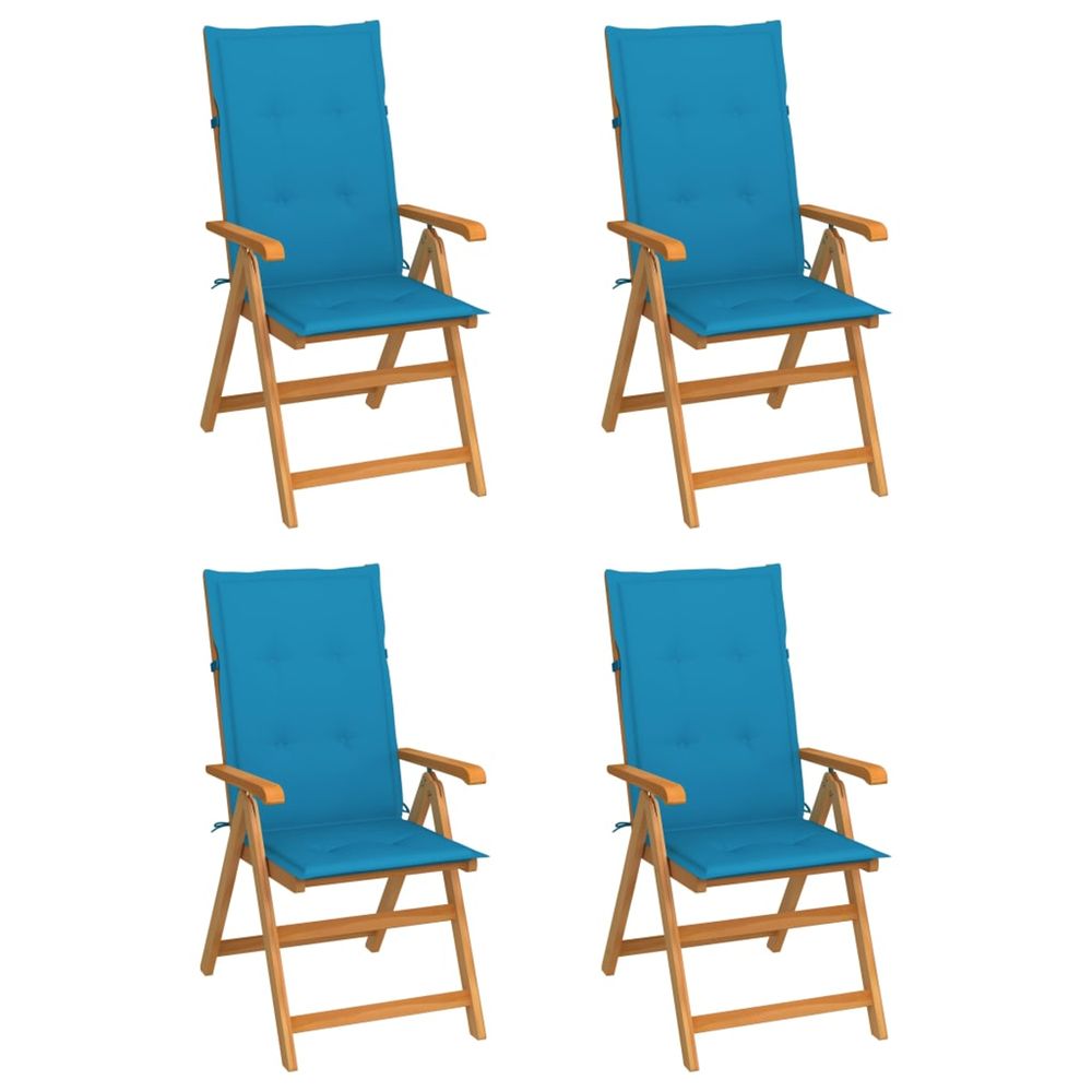 Ensemble de 4 chaises pliantes en teck massif avec coussins bleus