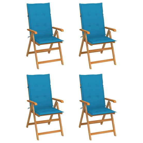 Ensemble de 4 chaises pliantes en teck massif avec coussins bleus