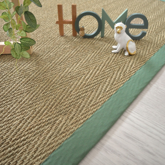 Tapis jonc de mer - bihar fin chevron - ganse coton vert olive - 200 x 200 cm