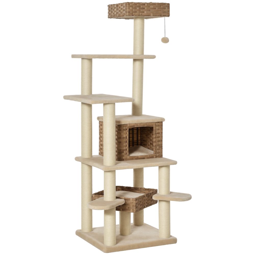 Grand arbre à chat niche rotin pe pour chats intérieur grimper dormir 174cm beige