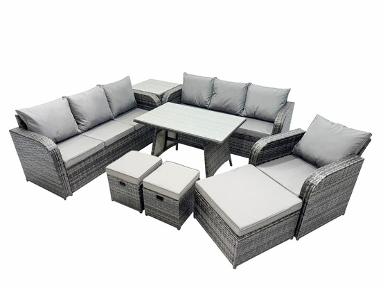 8 pièces ensemble de meubles de jardin en polyrotin avec table à manger fauteuil 3 tabourets table d'appoint gris foncé mixte