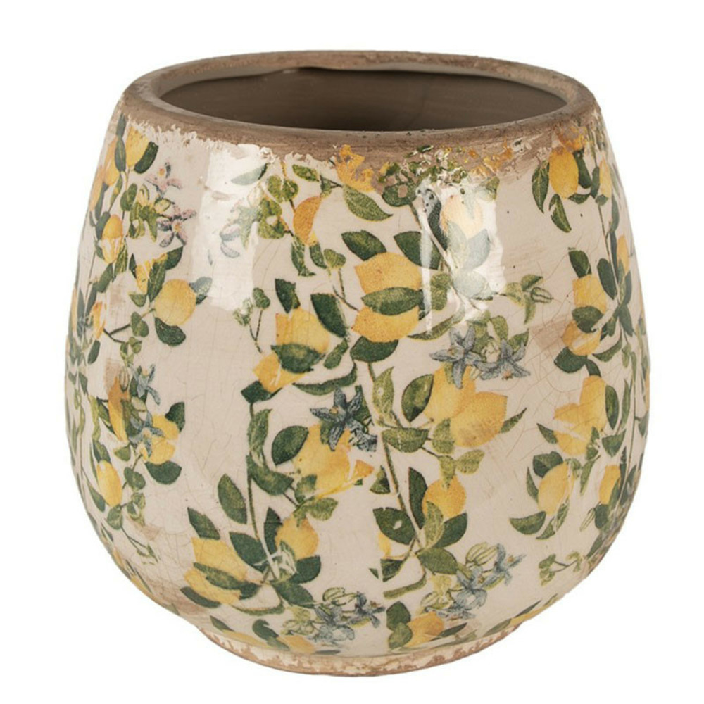 Pot de fleurs d'intérieur beige jaune céramique motifs citrons 8x17cm